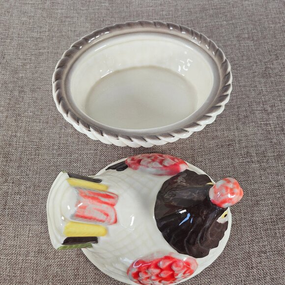 Vintage Metlox Hen On Nest Poppy Trail Pottery Vernon Red Rooster Covered Dish - Picture 5 of 12